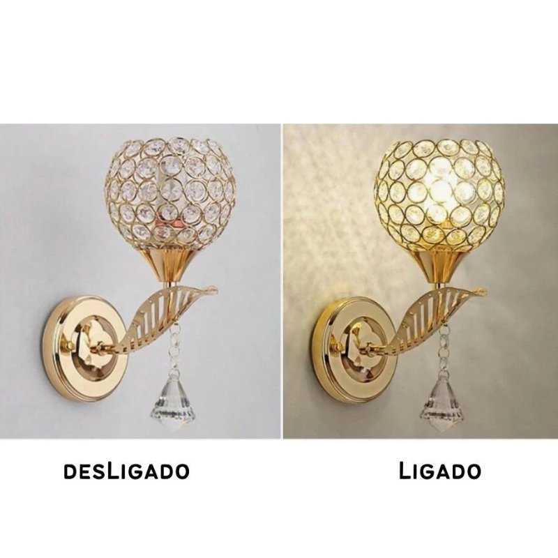 Arandela Redonda de Cristal com Detalhes Dourados e Design de Pena