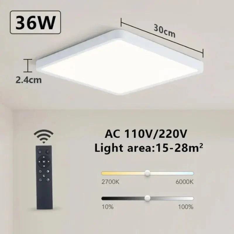 Luminária de Teto Quadrada LED com Ajuste de Intensidade via Controle Remoto