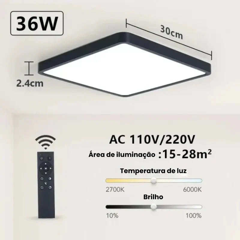 Luminária de Teto Quadrada LED com Ajuste de Intensidade via Controle Remoto