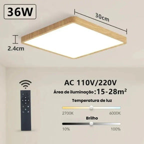 Luminária de Teto Quadrada LED com Ajuste de Intensidade via Controle Remoto