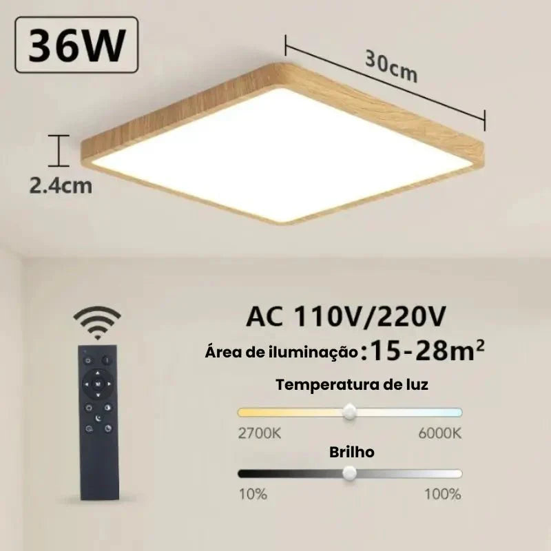 Luminária de Teto Quadrada LED com Ajuste de Intensidade via Controle Remoto